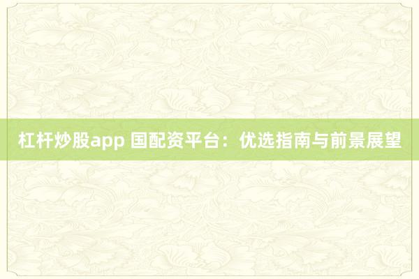 杠杆炒股app 国配资平台：优选指南与前景展望